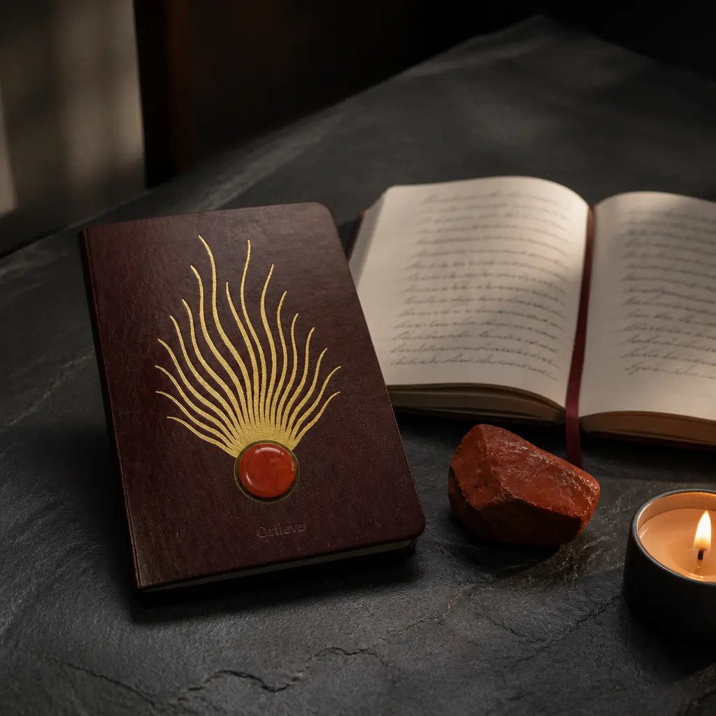 Red jasper stone beside a leather journal and a low candle flame, representing a practice for a weak fire element
