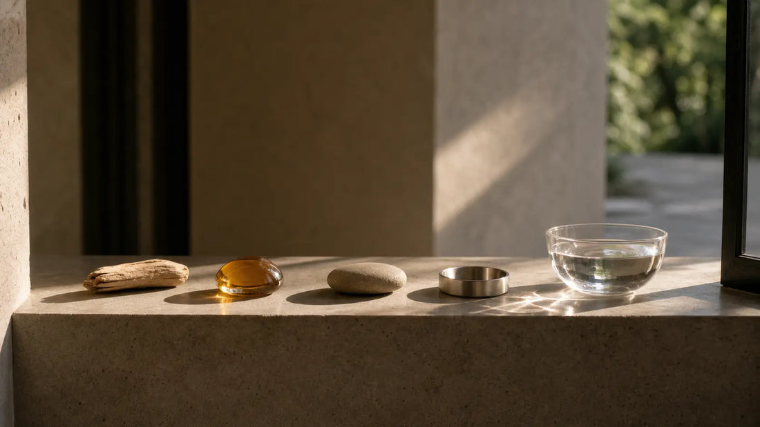 Five elemental objects on a quiet stone ledge representing the Five Elements as a language for journaling