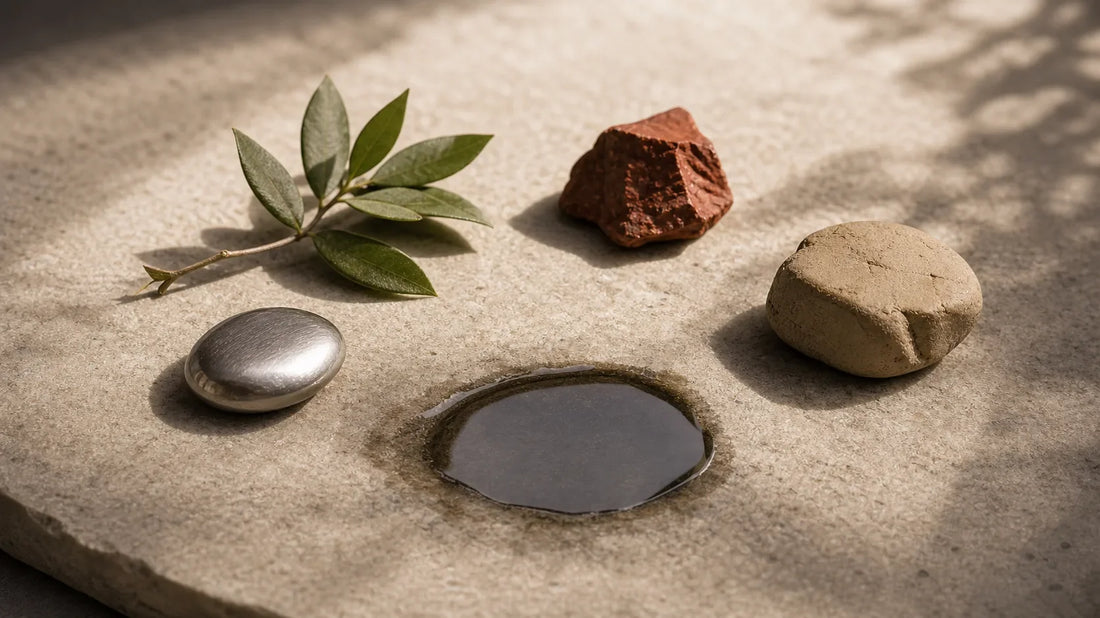 Five elemental materials arranged on stone to represent choosing a journal for your current season