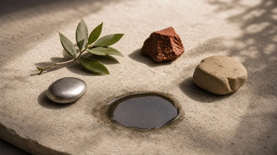 Five elemental materials arranged on stone to represent choosing a journal for your current season
