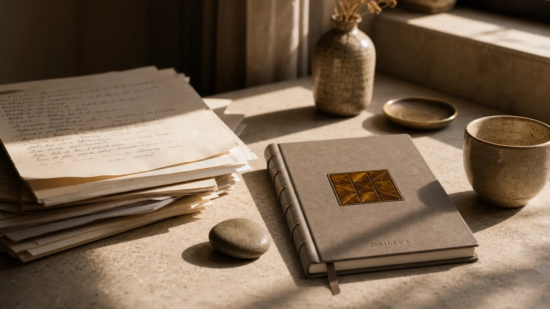 An Orileva stone journal beside handwritten pages in a quiet ritual writing desk scene