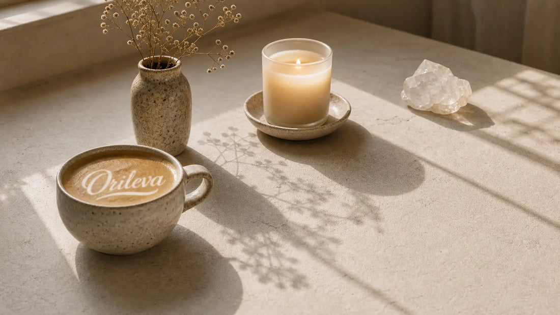 Orileva morning ritual scene with coffee, candle, and white quartz crystal on a sunlit desk.