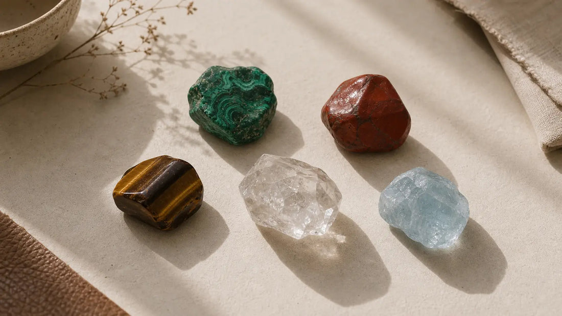 Natural gemstones representing the Five Elements for Orileva ritual writing journals.
