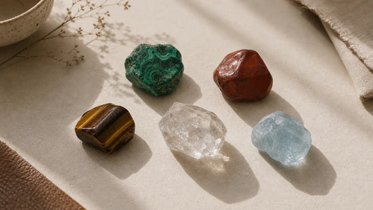 Natural gemstones representing the Five Elements for Orileva ritual writing journals.