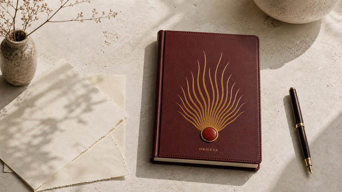 Red Orileva ritual journal on a sunlit desk with ivory writing pages, for an article about returning to an intentional journaling practice.