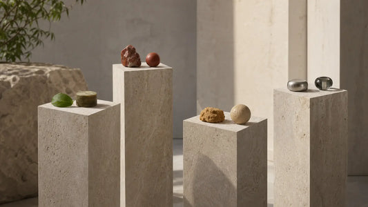 Four stone pillars holding eight elemental objects to represent the structure of a BaZi elemental chart