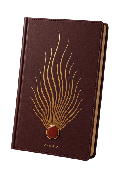 The Ember Journal standing at an angle — gold flame motif, red jasper stone, and gilded page edges