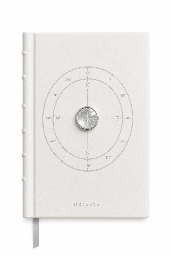 Orileva The Luminous Journal, handcrafted leather journal with natural gemstone, inspired by the Metal element