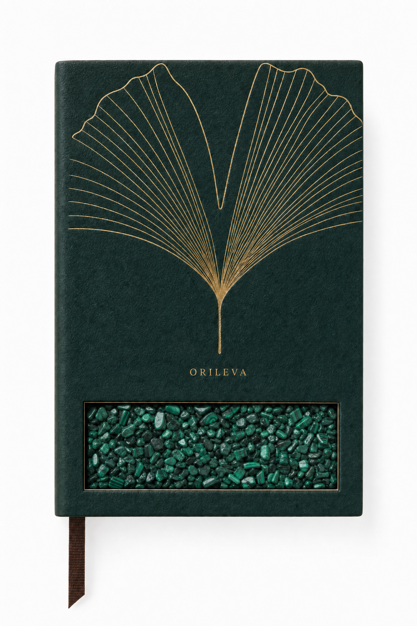 Orileva The Verdant Journal, handcrafted leather journal with natural gemstone, inspired by the Wood element