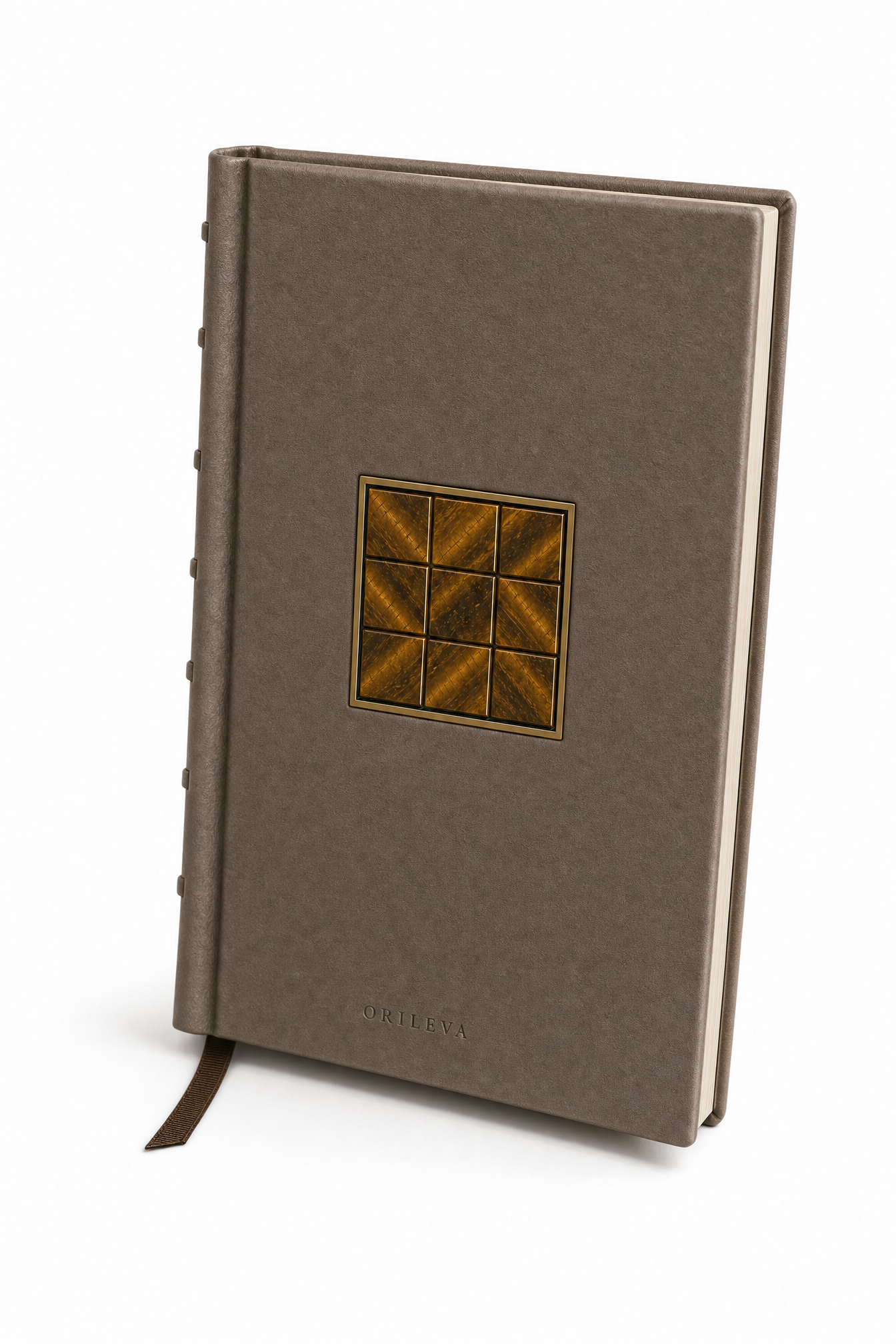 The Grounded Journal at an angle, showing the tiger's eye inlay and hand-bound spine