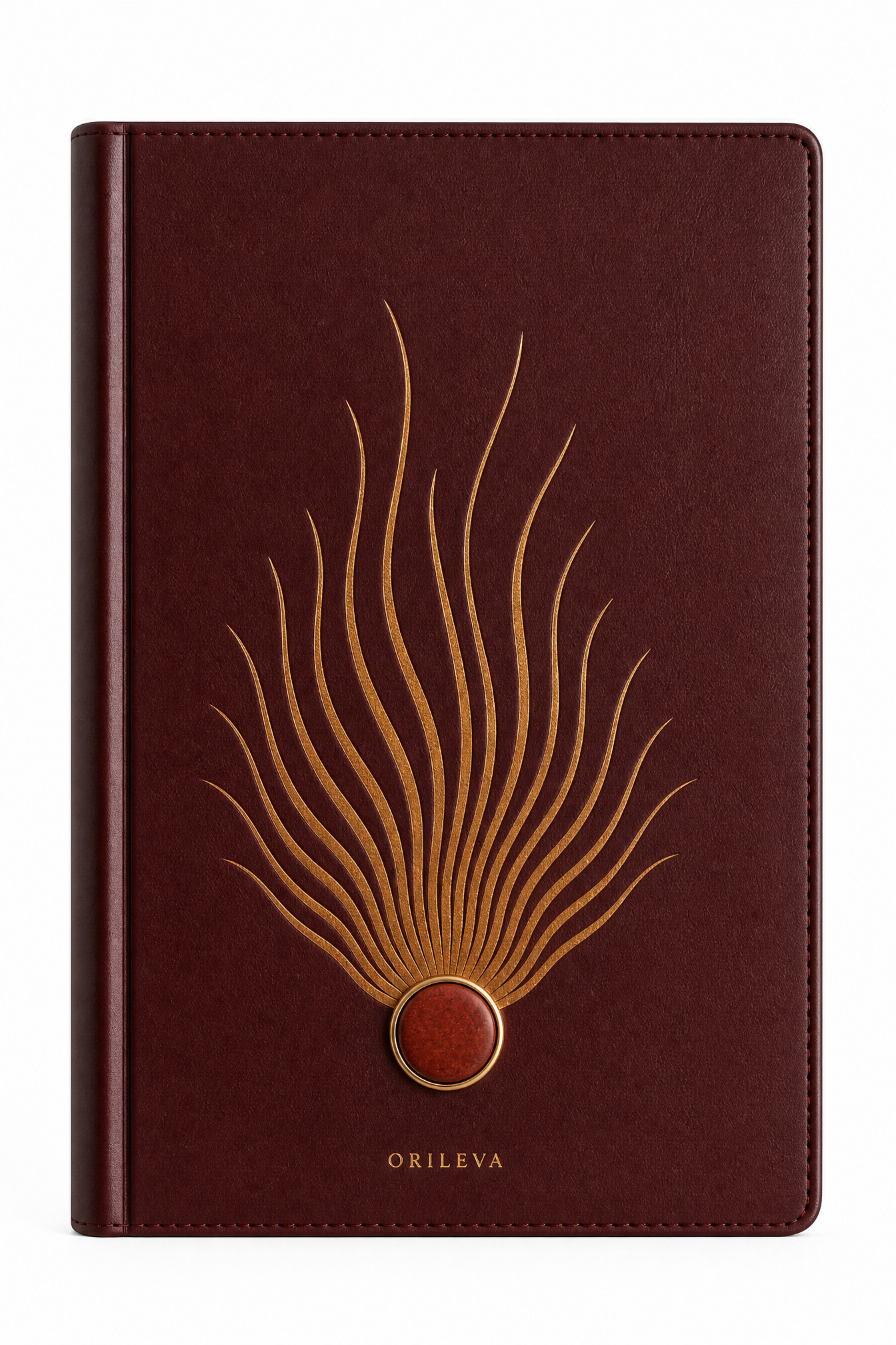 Orileva The Ember Journal, handcrafted leather journal with natural gemstone, inspired by the Fire element