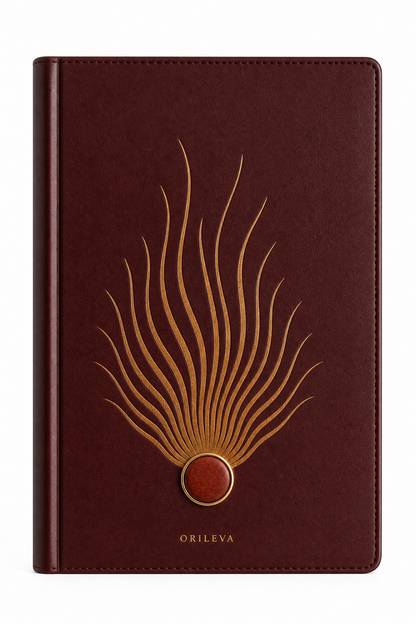 Orileva The Ember Journal, handcrafted leather journal with natural gemstone, inspired by the Fire element