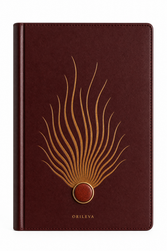 Orileva The Ember Journal, handcrafted leather journal with natural gemstone, inspired by the Fire element