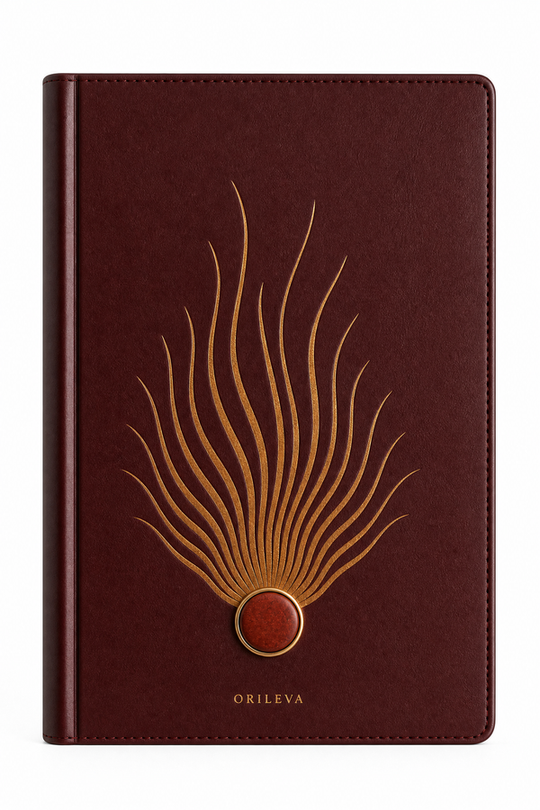 Orileva The Ember Journal, handcrafted leather journal with natural gemstone, inspired by the Fire element