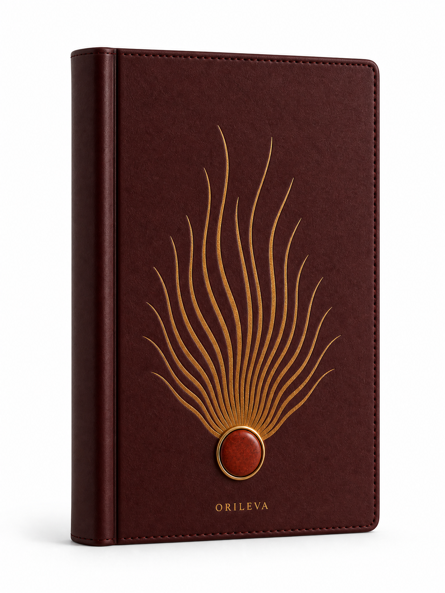 The Ember Journal in three-quarter view, showing the flame linework and red jasper inlay