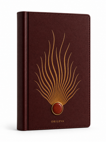 The Ember Journal in three-quarter view, showing the flame linework and red jasper inlay