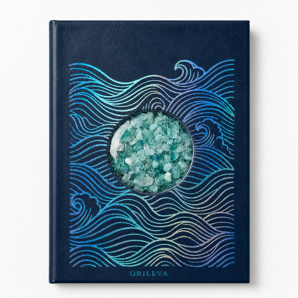 Orileva The Tidal Journal, handcrafted leather journal with natural gemstone, inspired by the Water element