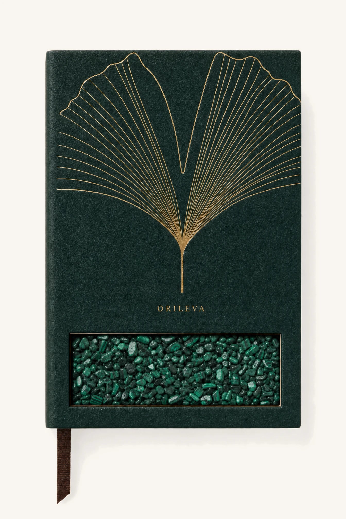 The Verdant Journal — dark green leather cover with gold ginkgo linework and natural malachite inlay
